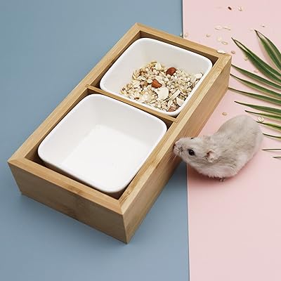 小动物碗,仓鼠食品碗,豚鼠碗,陶瓷小动物碗,用于食物和水,带竹托盘